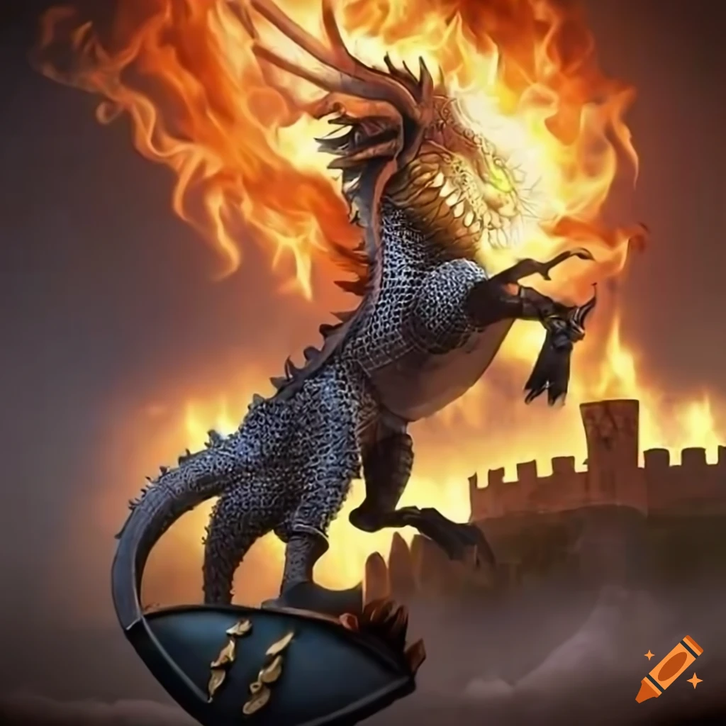 Medieval knight riding a fire-breathing dragon into battle against a castle