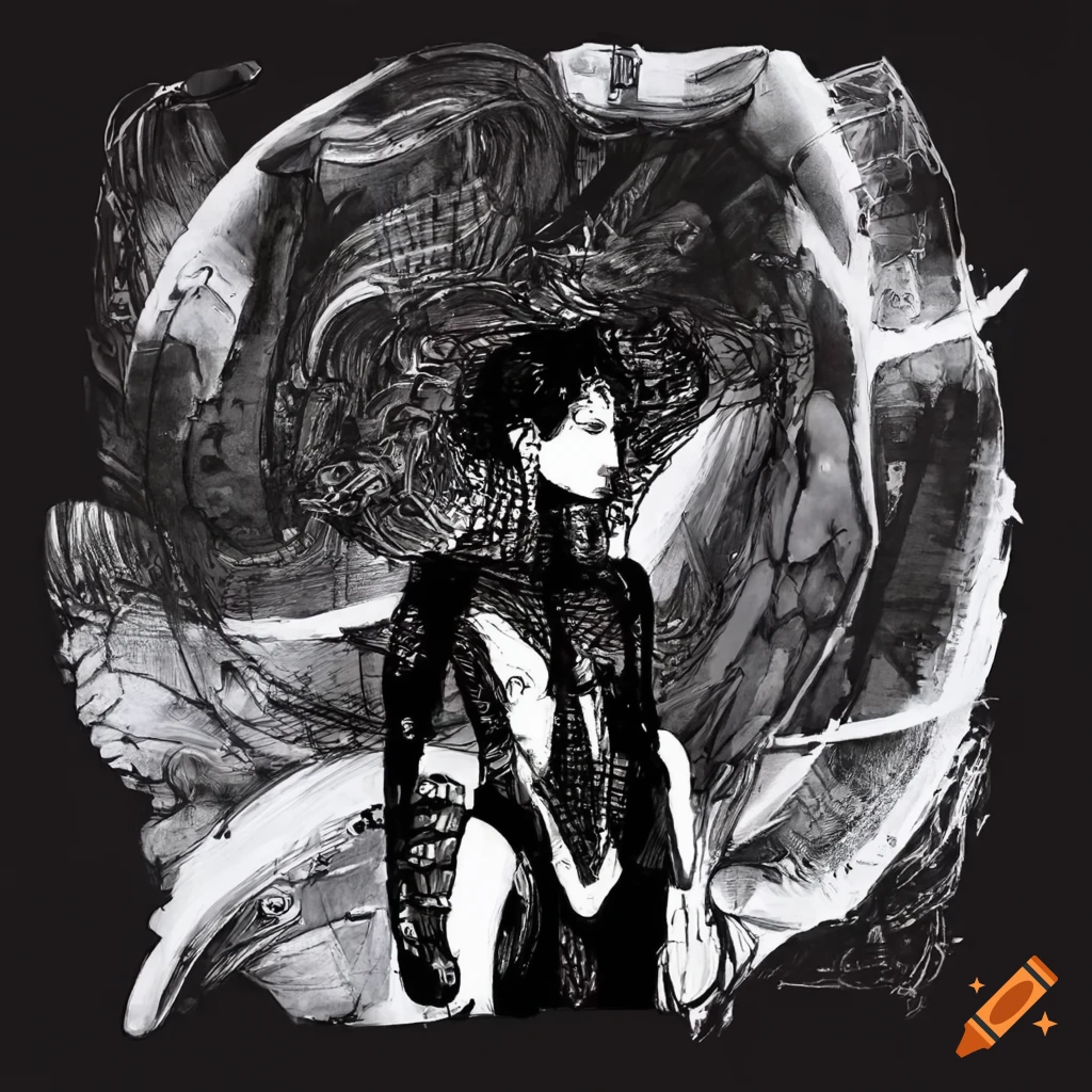 Cyborg in white bodysuit with cyan hair in artistic black ink style