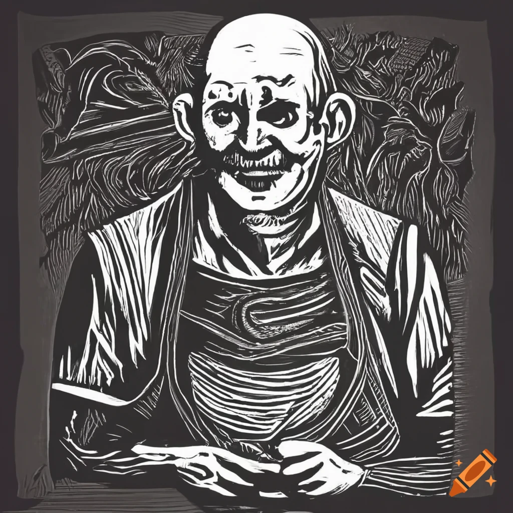 Smiling bald innkeeper in linocut style drawing