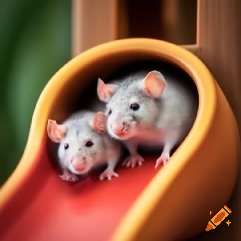Two rats sliding down a slide in a playful manner