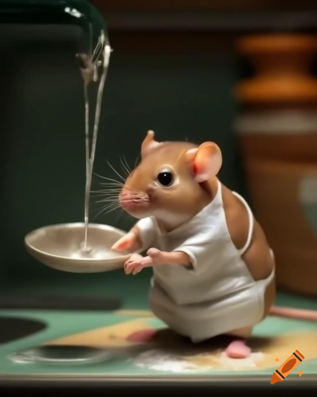 Miniature mouse washing dishes in hyper realistic kitchen