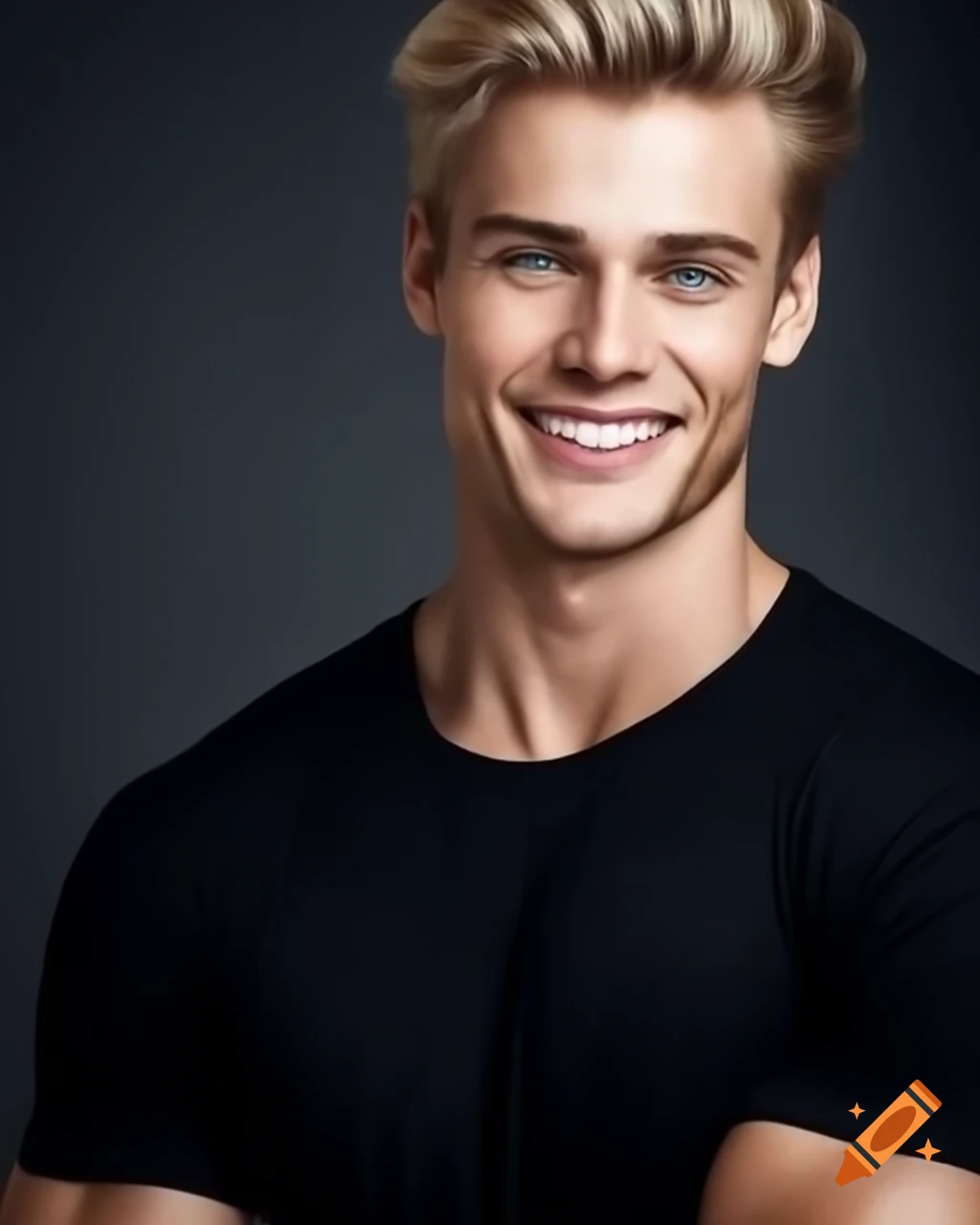 Realistic portrait of a smiling 32-year-old Polish man with blonde hair in a black t-shirt