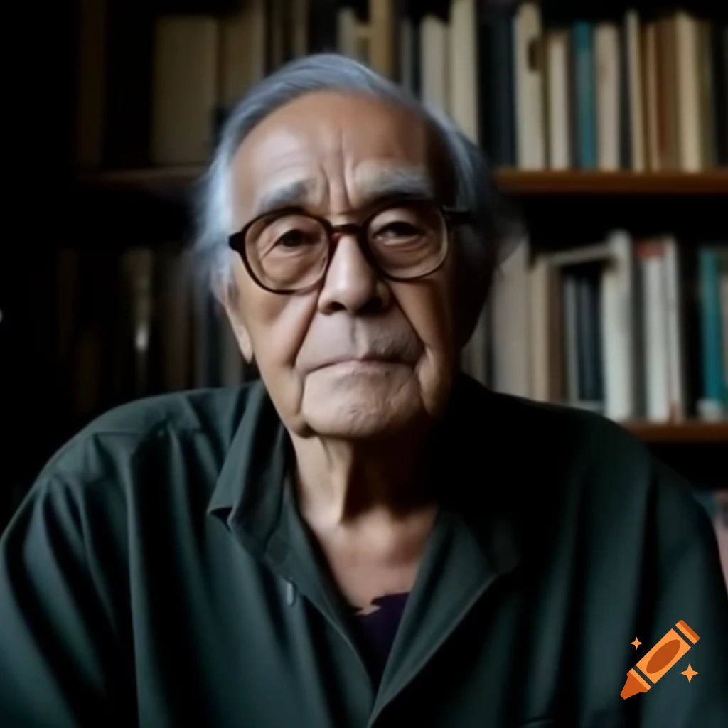 Elderly Indonesian writer and philosopher telling a story in a library