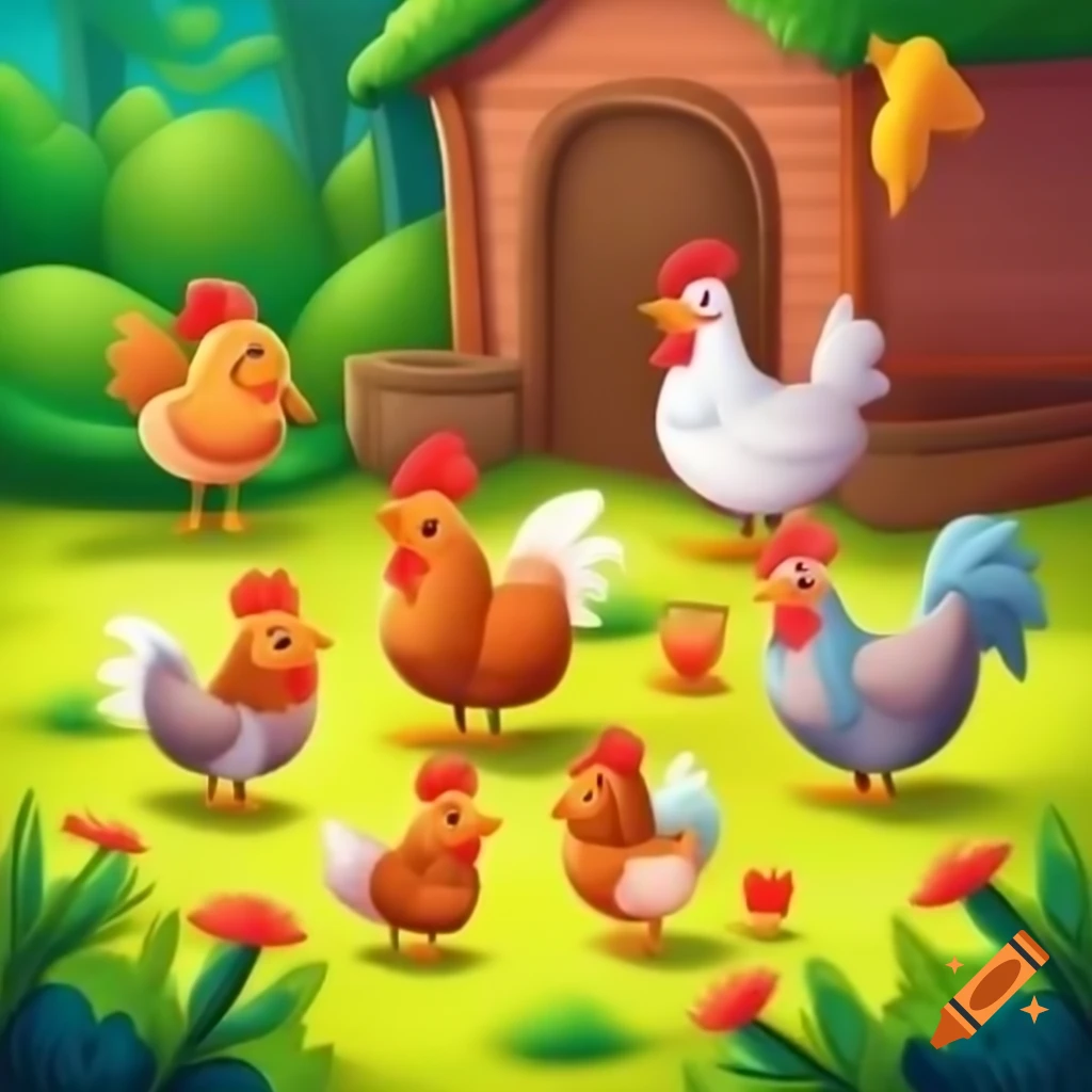Fantasy chickens roaming in a backyard setting