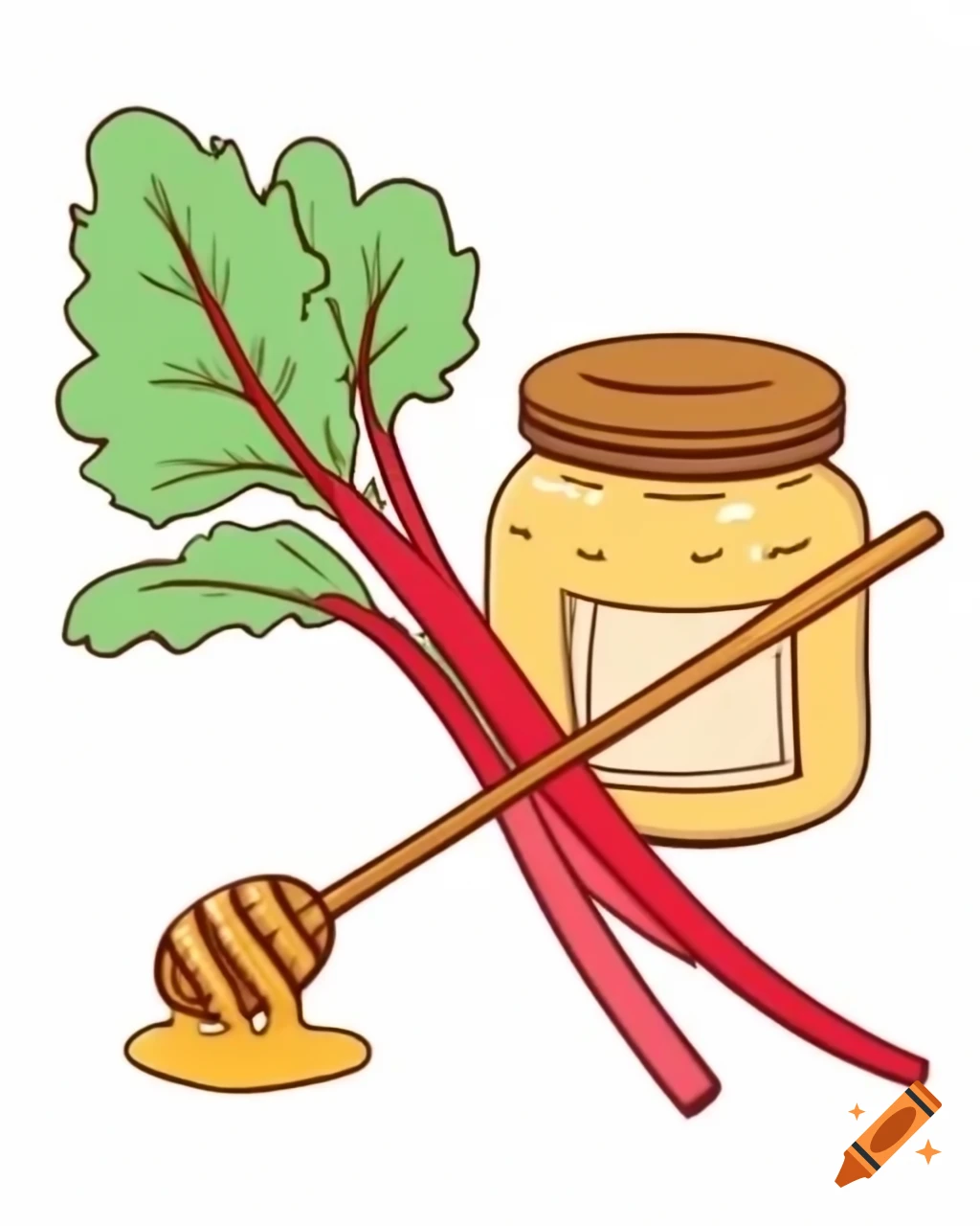 Rhubarb stalks next to a jar of honey