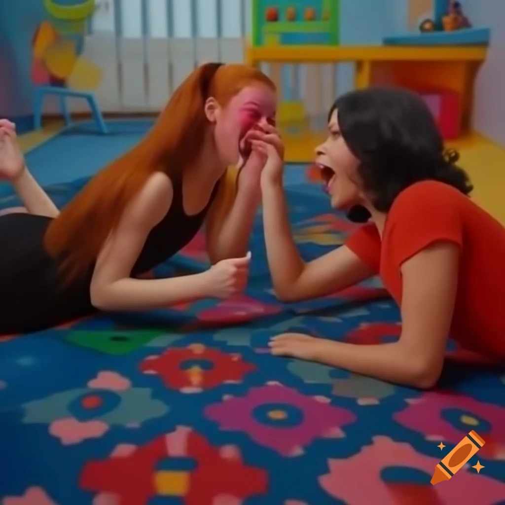 Playful fight between two girls in colorful playroom with one laughing and the other with a minor injury