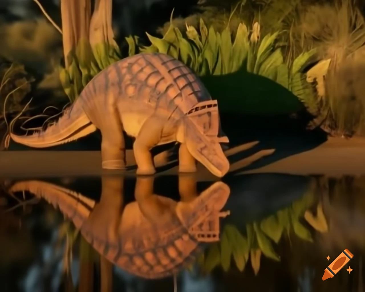 Ankylosaurus drinking from pond in sunny clearing, surrounded by ferns and trees
