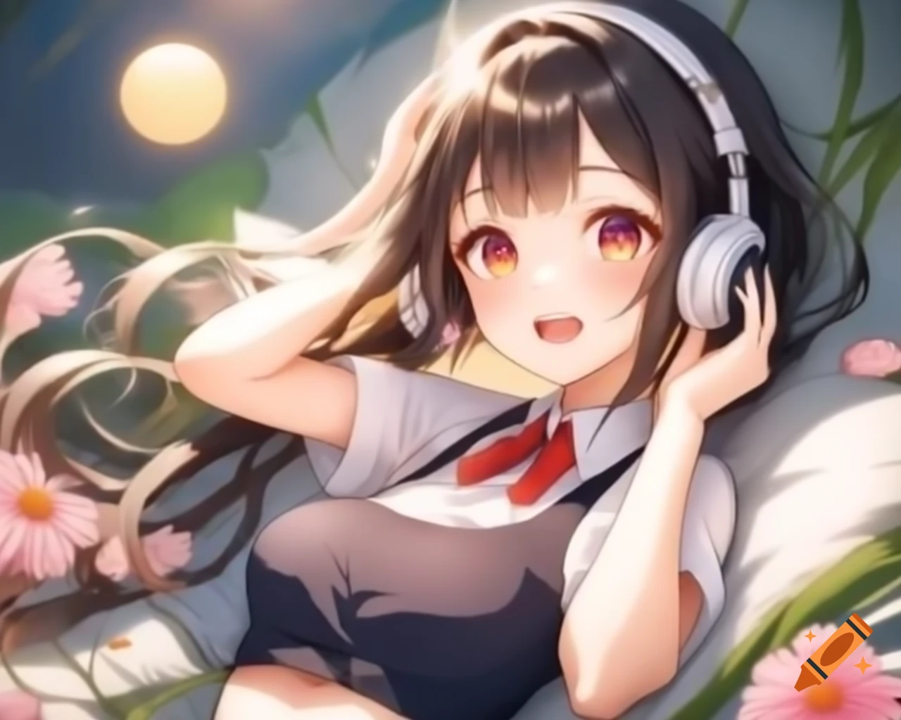 Anime girl enjoying music with a beautiful background