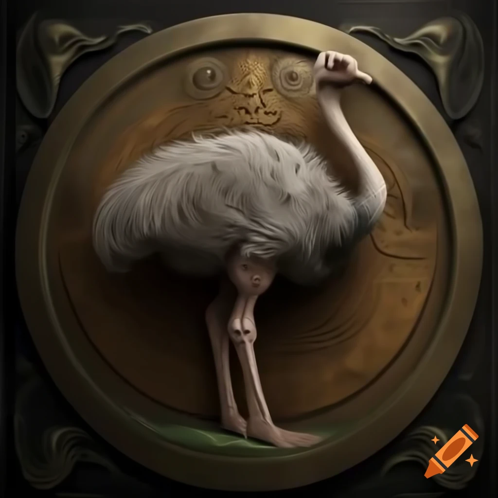 Ostrich emblem on ancient heraldic shield in Harry Potter style, symbolizing strength and intelligence