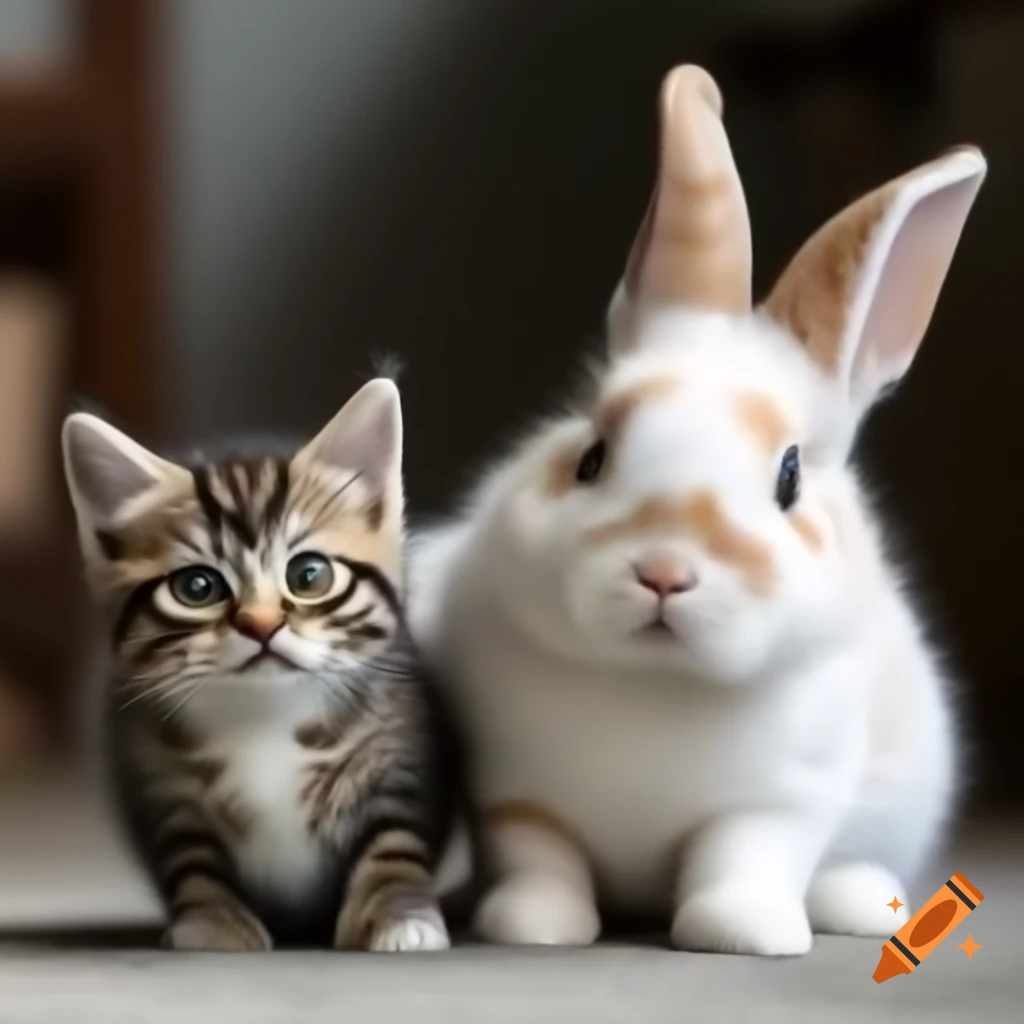 Cute kitten and rabbit together