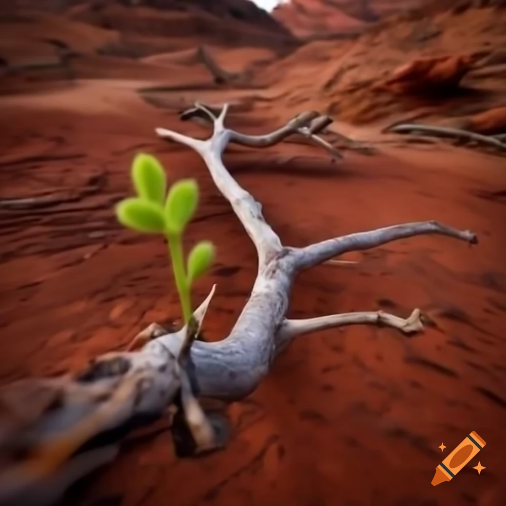 Dead branch with green sprout on dry reddish-brown rocky landscape