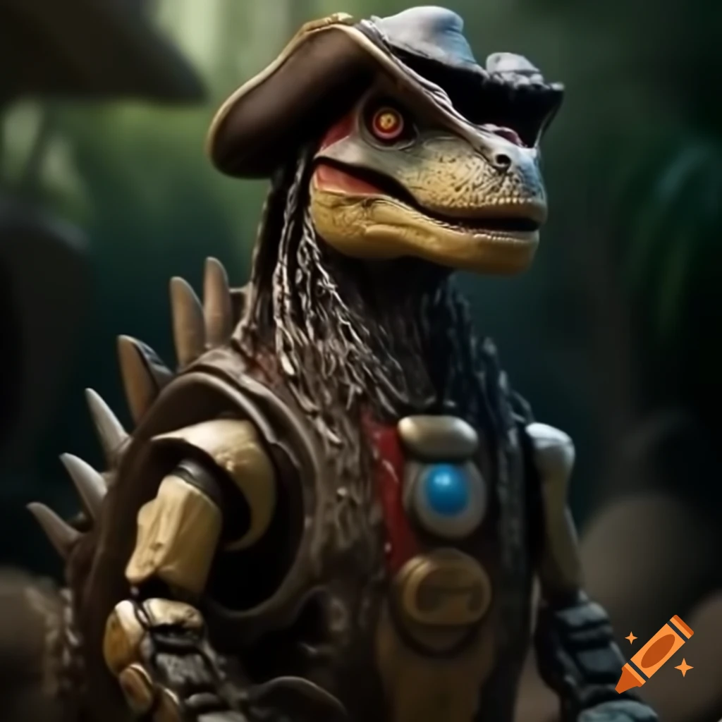 Dinosaur robot dressed as a pirate