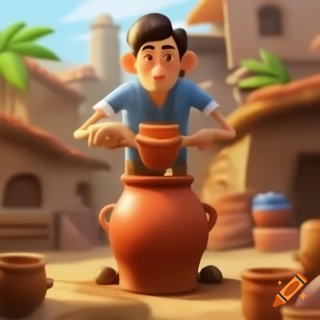 Animated scene of man crafting a pot in a village setting