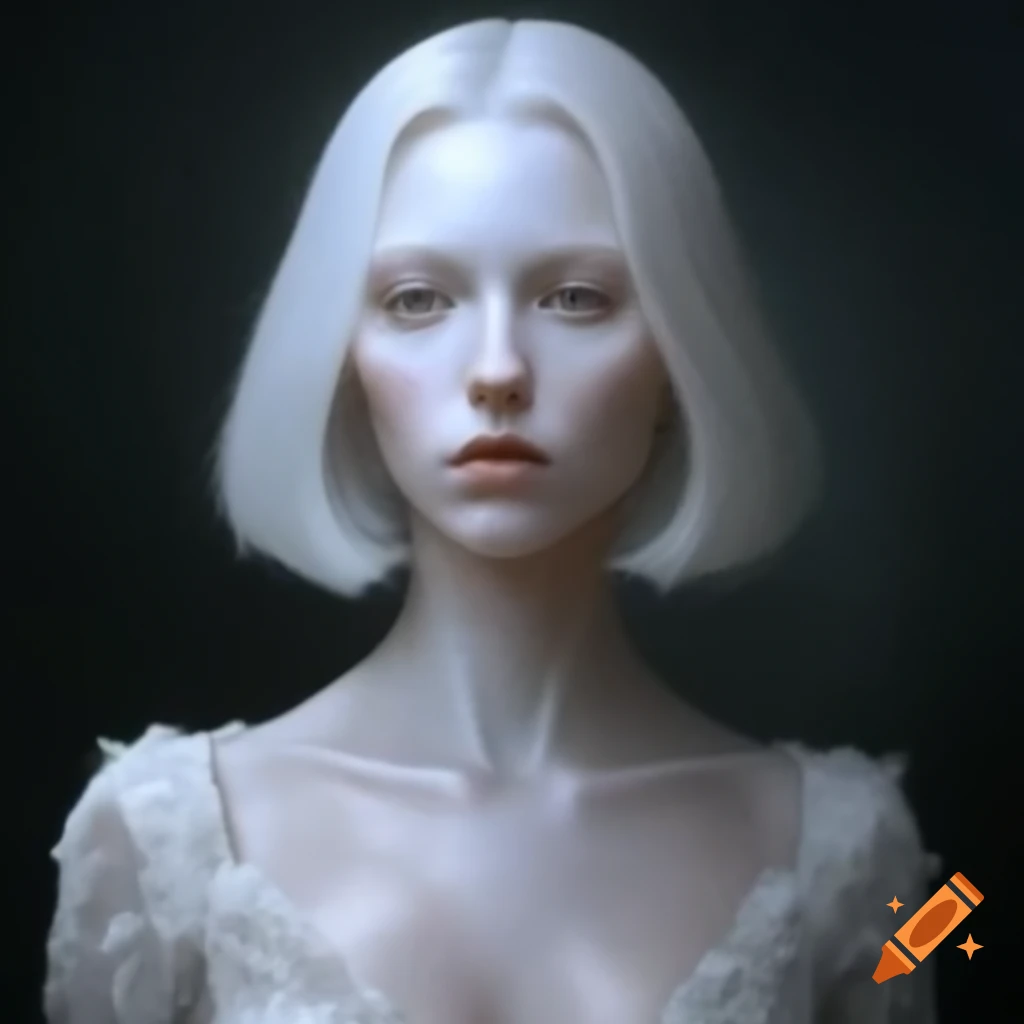 Middle-aged silver-haired woman in white and silver lace dress