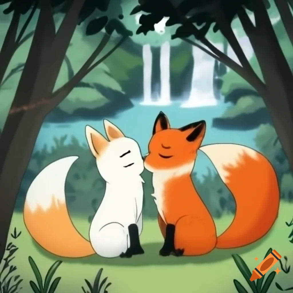 Kitsune and fox sharing a kiss near waterfall in manga style