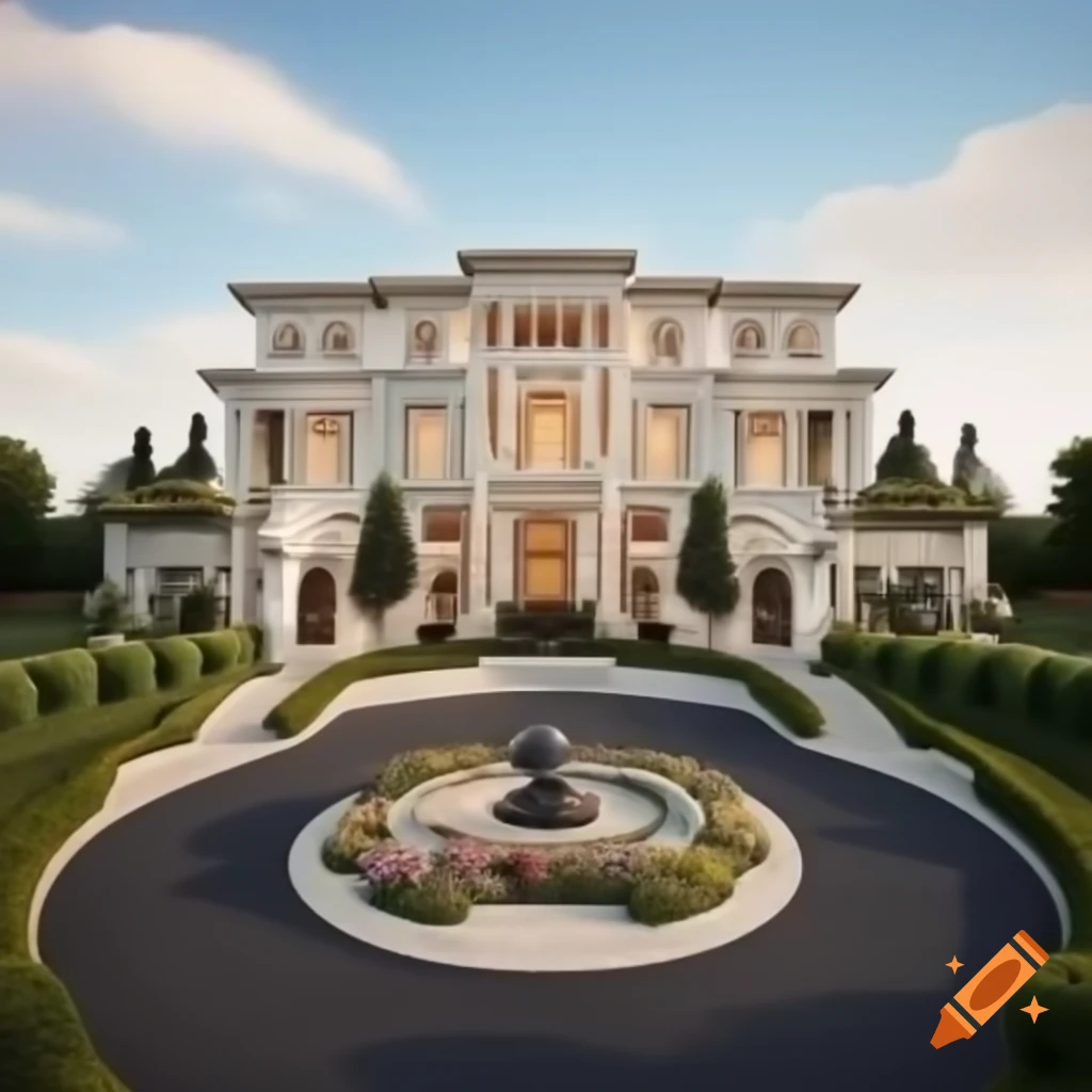 Luxurious mansion with expansive facade and large arched windows in manicured estate
