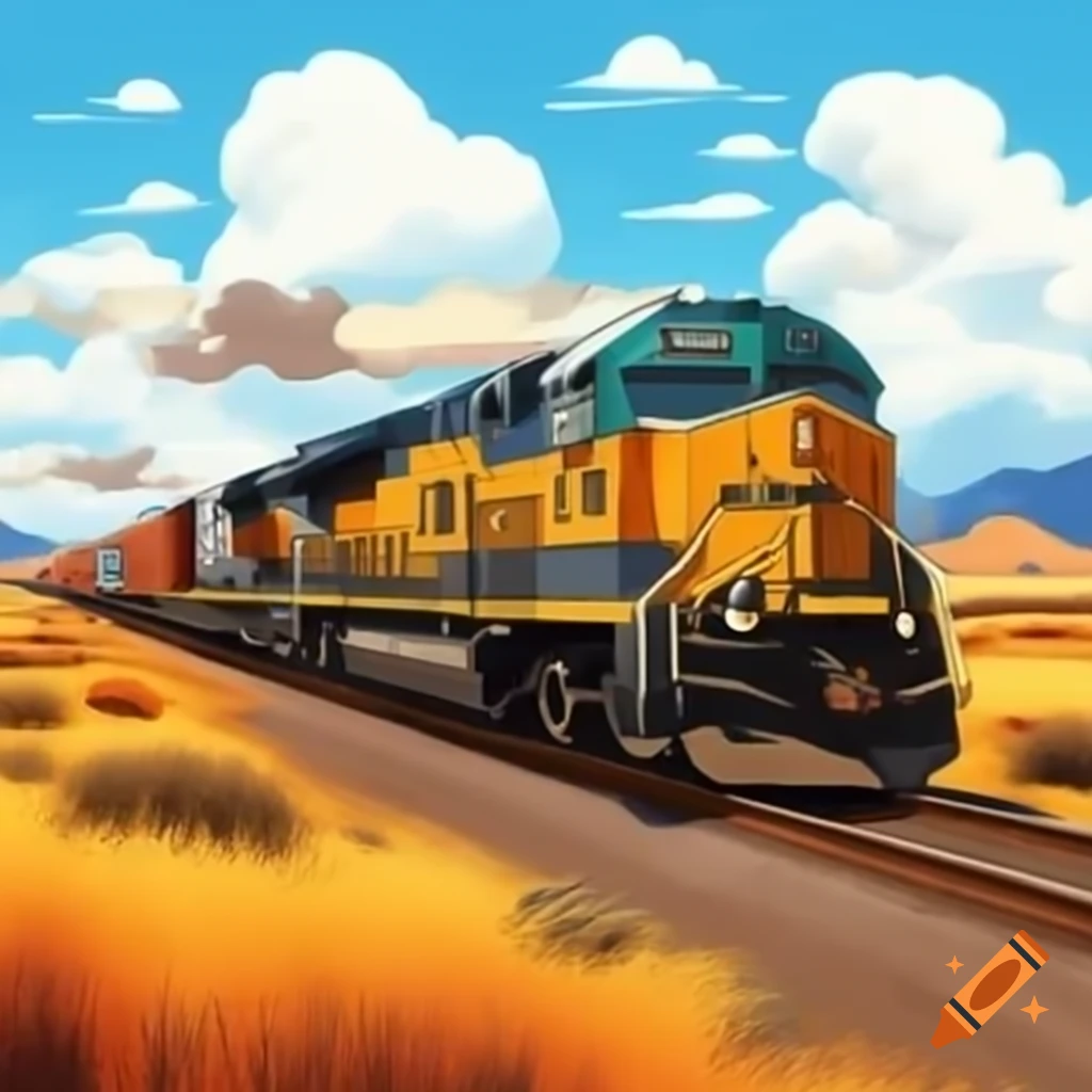 1950s comic style diesel electric freight train in Wyoming prairies