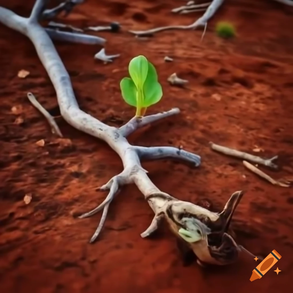 Dead branch with green sprout in dry reddish-brown rocky landscape