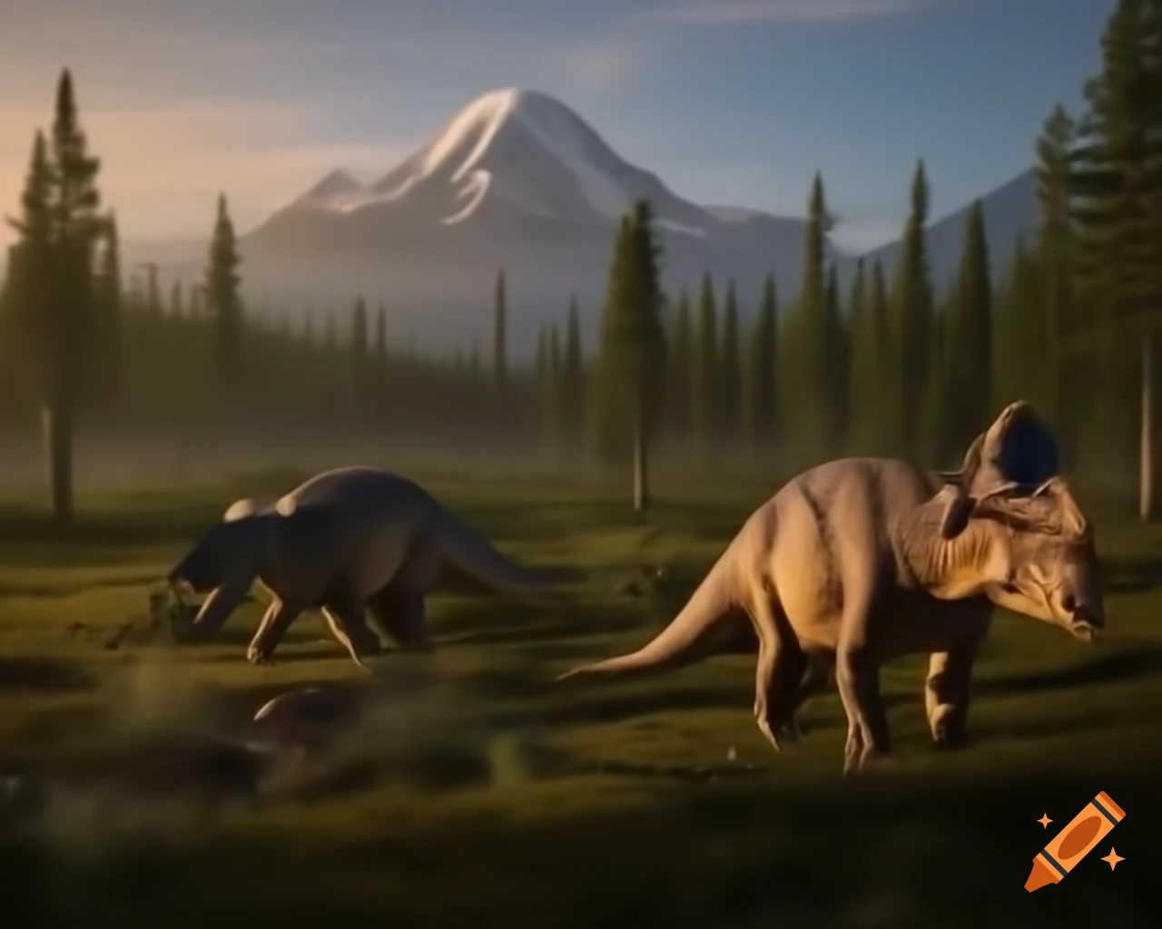 Herd of styracosaurus in British Columbia landscape during morning light