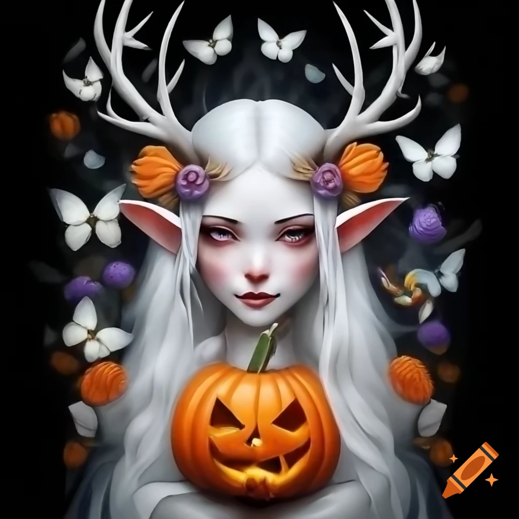 Portrait of a mystical witch with antlers surrounded by flowers and pumpkins, illustration by Ernst
