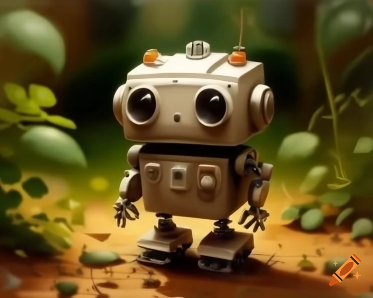 Small robot in a garden, oil painting