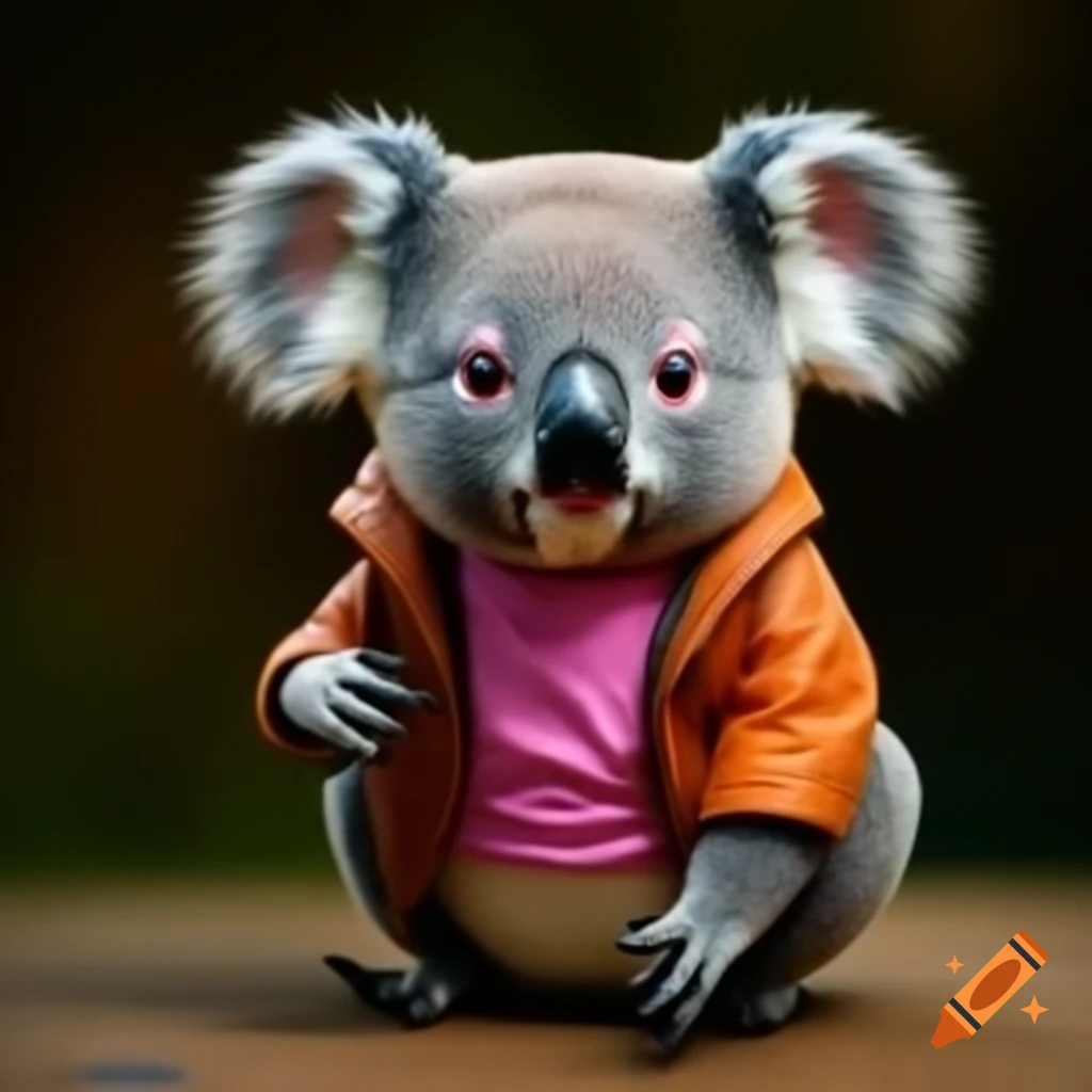 3D koala standing on two feet wearing pink t-shirt and orange jacket