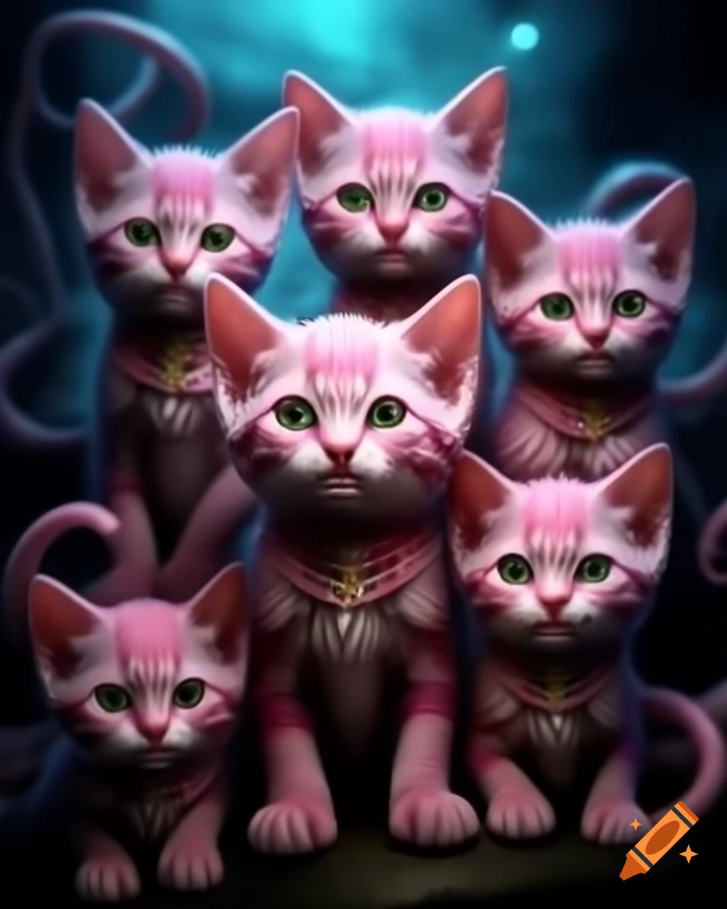 Three pink beast kittens with six alien tentacles in fantasy setting
