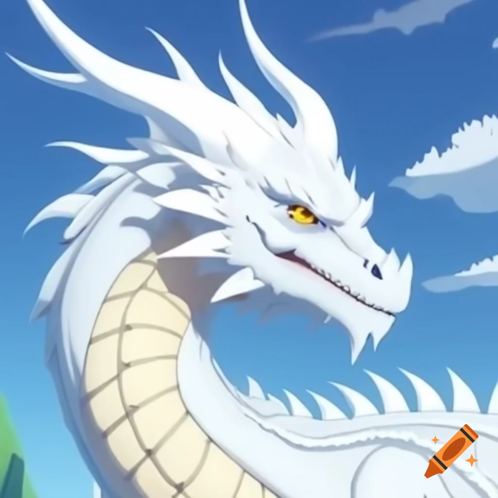 Anime headshot of large ancient dragon with white scales and yellow irises