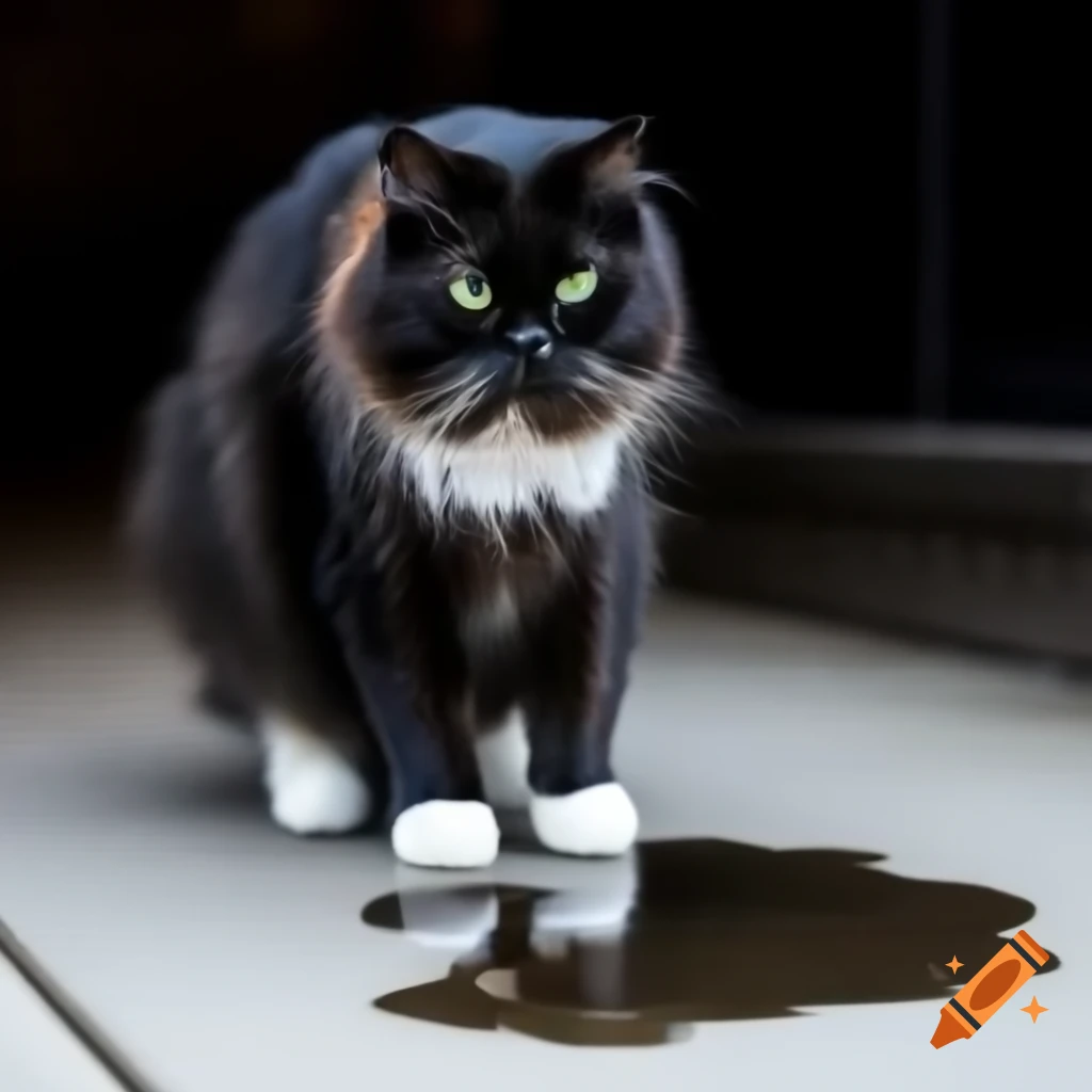 Black tuxedo cat with white markings standing on white carpet