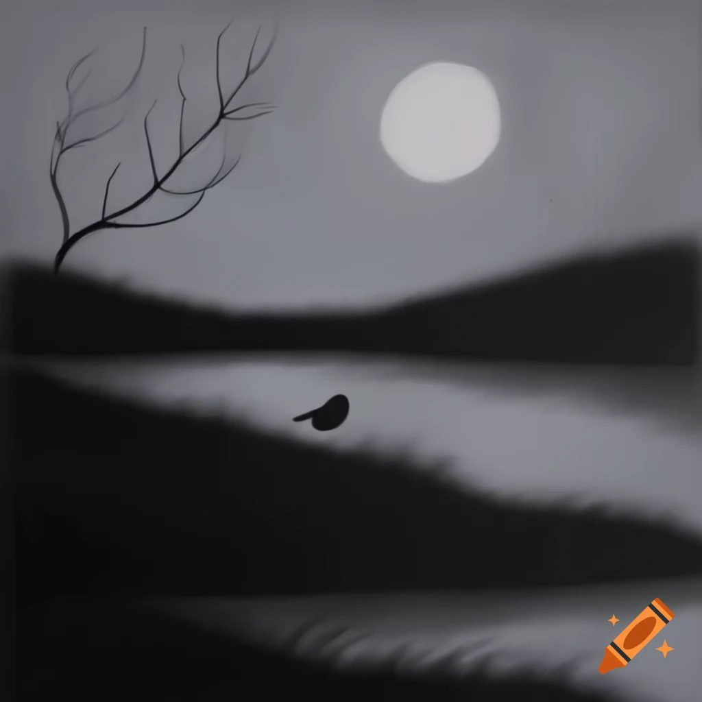 Minimalist pencil drawing of bird by lake at night with full moon