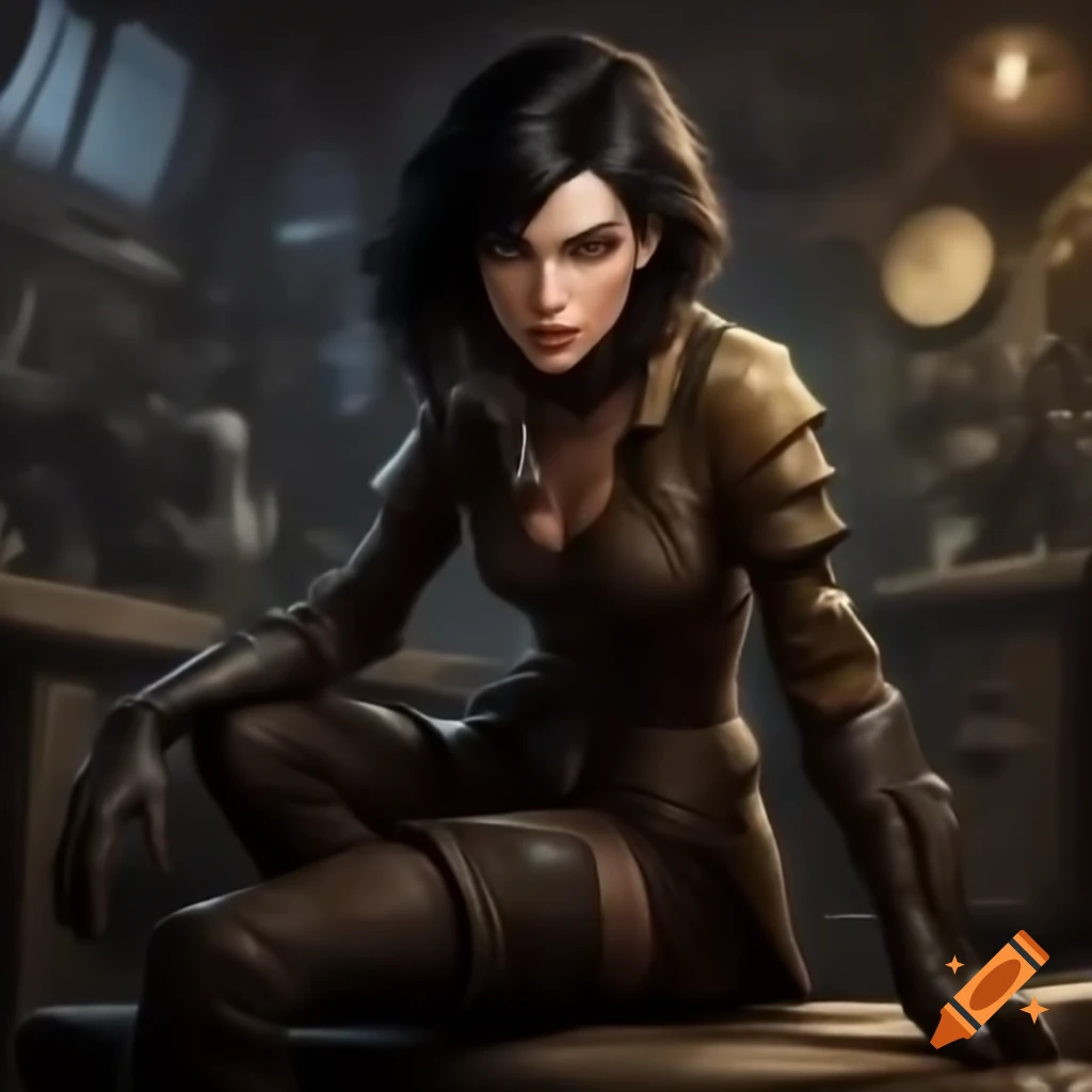 Rogue woman with short dark hair in steampunk workshop