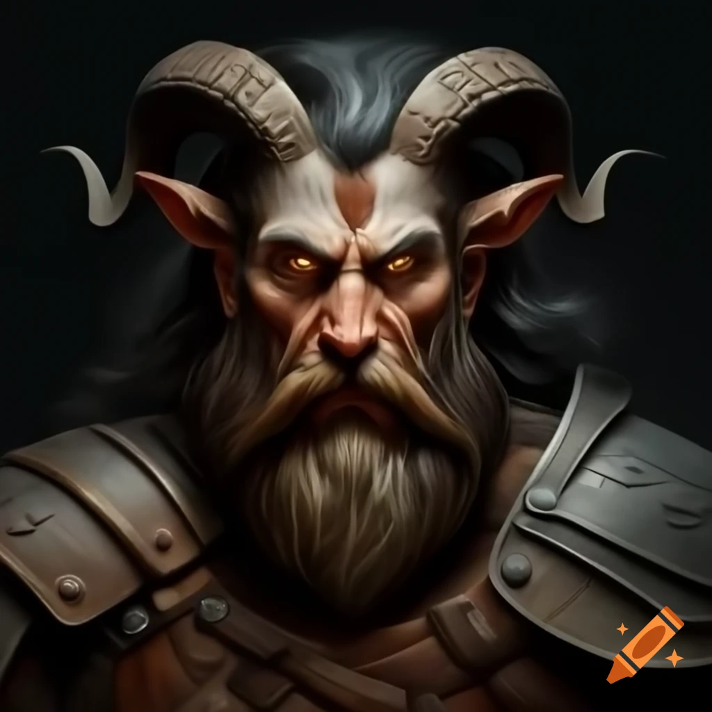 Man with goat head, medieval chestplate and greaves, featuring goat eyes and black beard