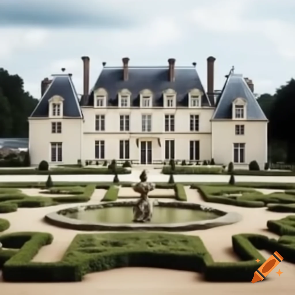 French country mansion estate surrounded by lush garden