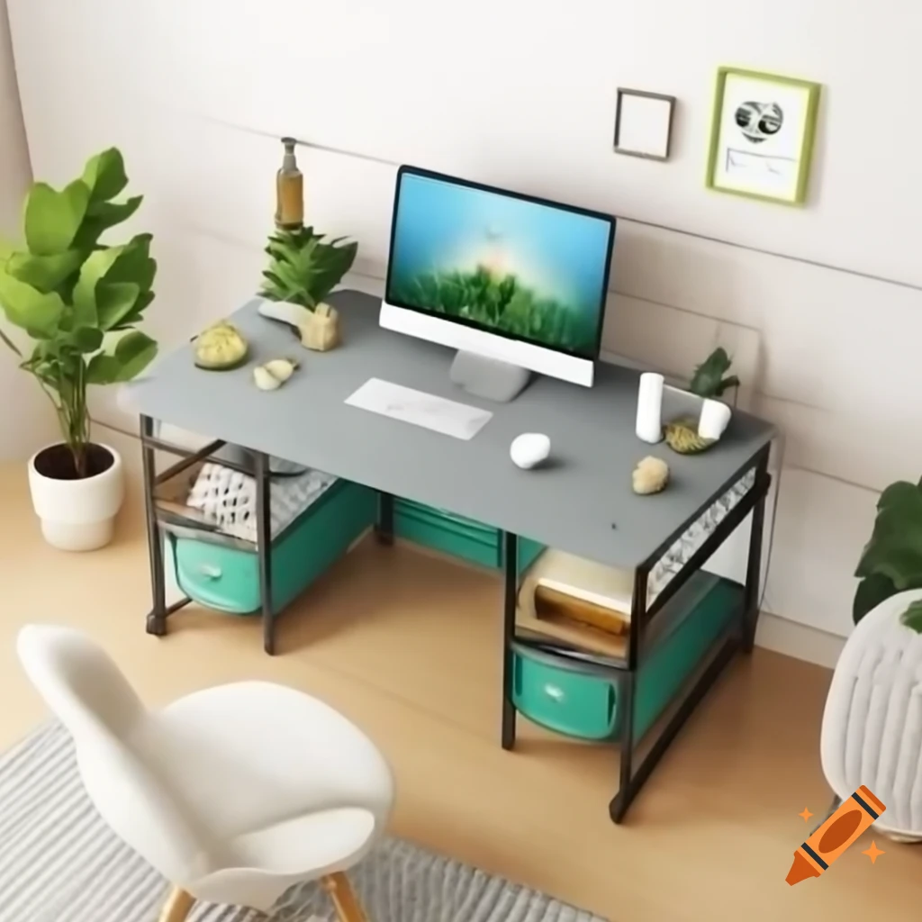 Modern organized desk with large screen computer displaying structured digital drive and plant