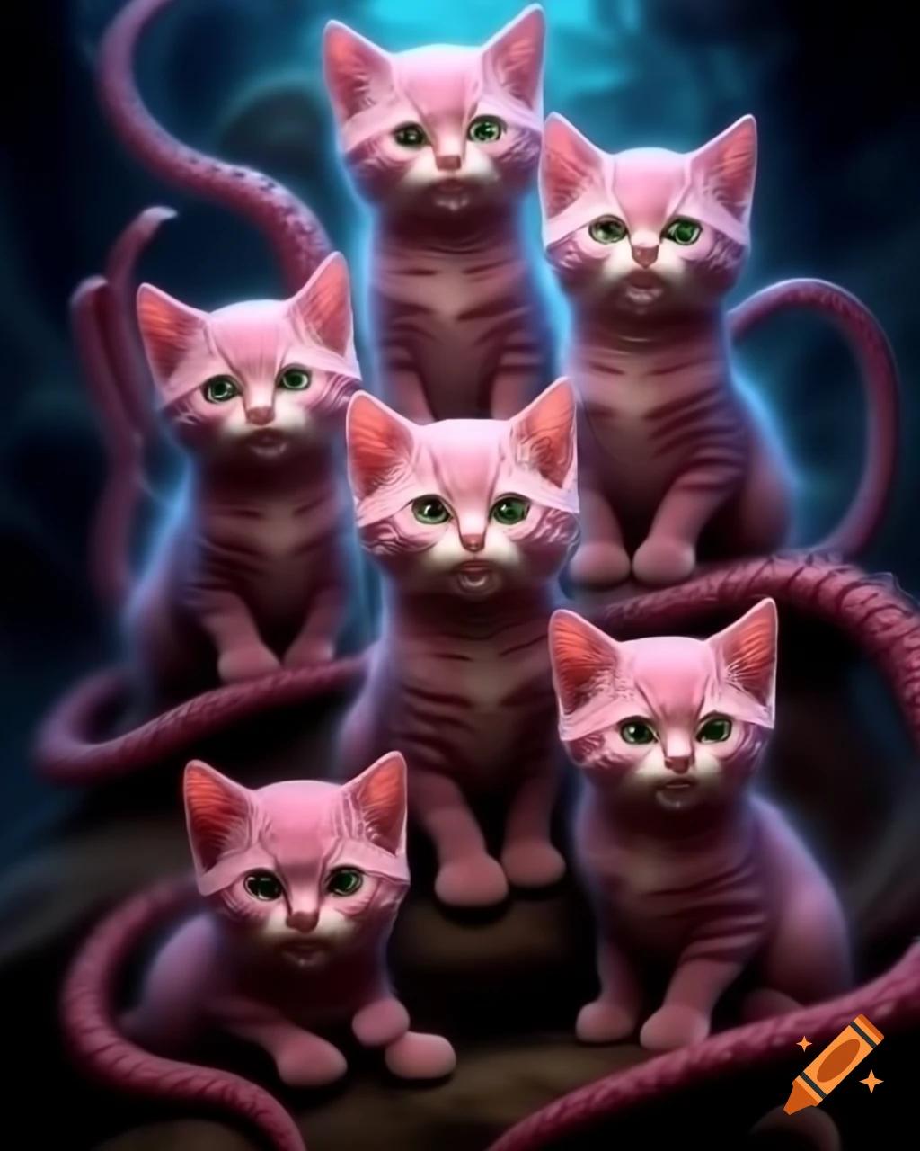 Three pink beast kittens with six alien tentacles in fantasy setting