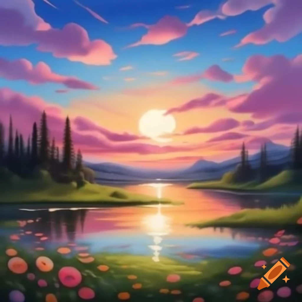Serene morning landscape with sunrise over calm lake and flying birds