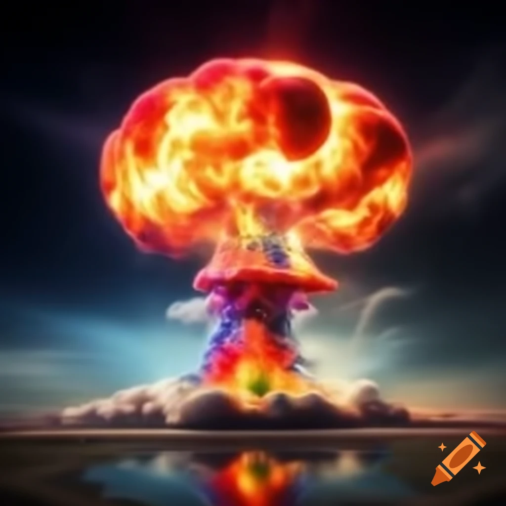 Realistic depiction of a rainbow-colored nuclear explosion