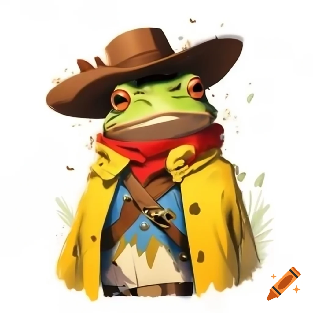 Cowboy frog mercenary captain in yellow coat, studio Ghibli style