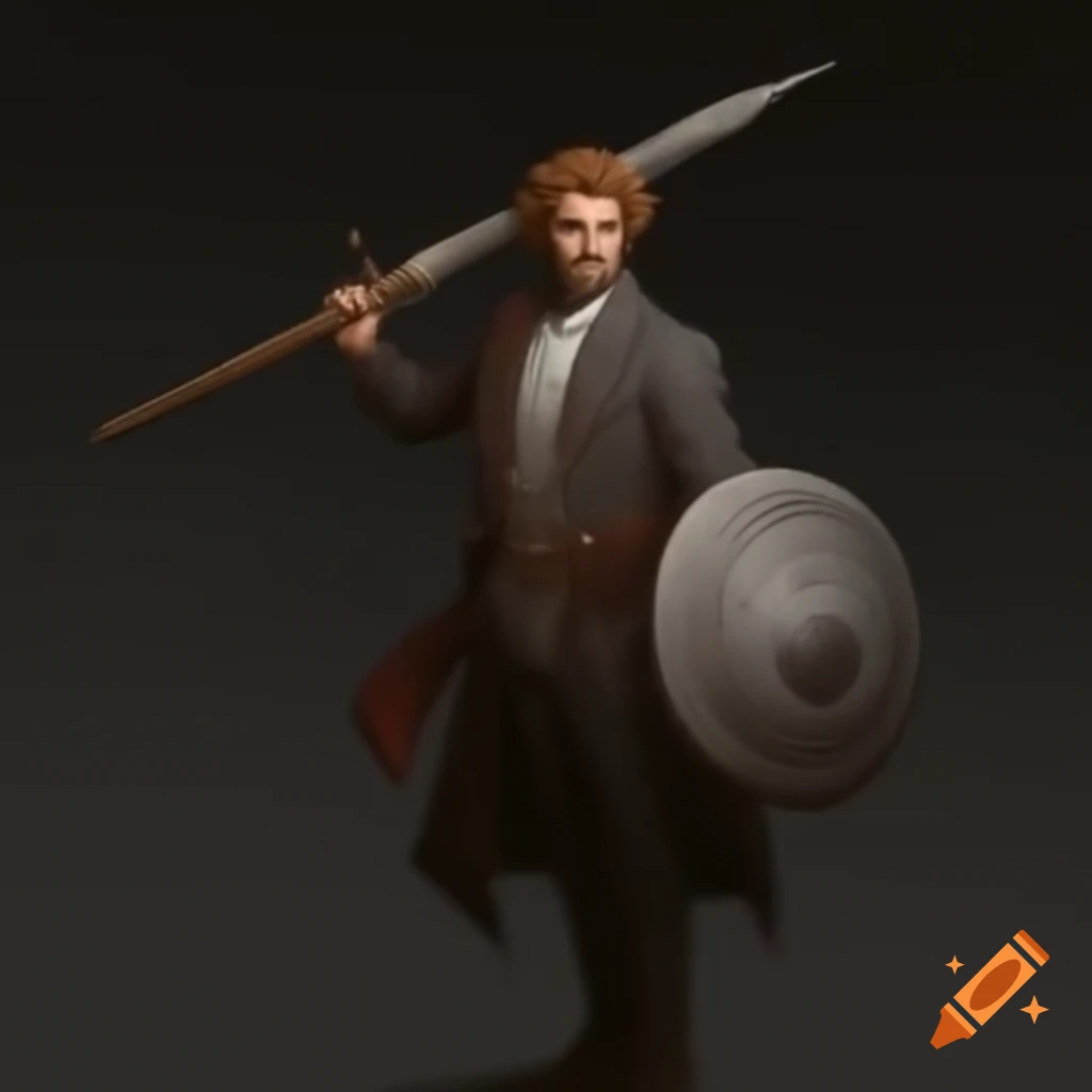 Heroic male character with lance and shield in overcoat and goggles
