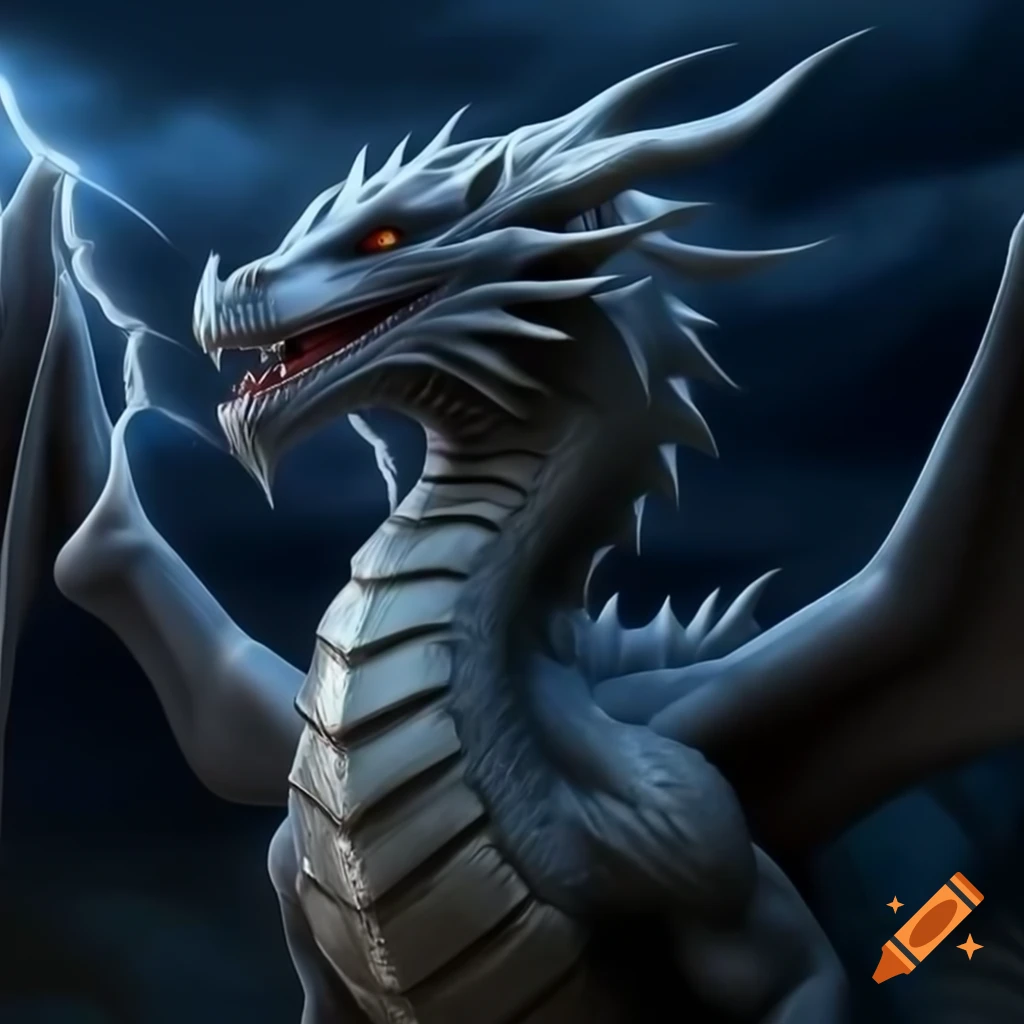 Gray dragon in dark cloudy sky with lightning