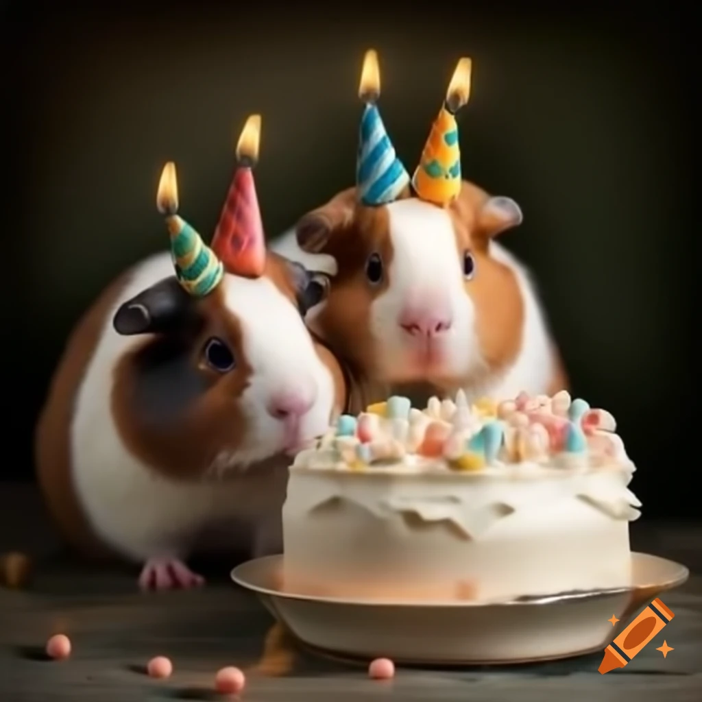 Guinea pigs celebrating with birthday cake in vintage color photograph style
