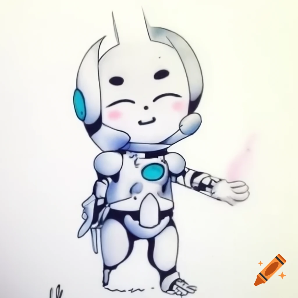 Manga ink sketch of adorable traditional Japanese cyborg with cyan eyes and hair