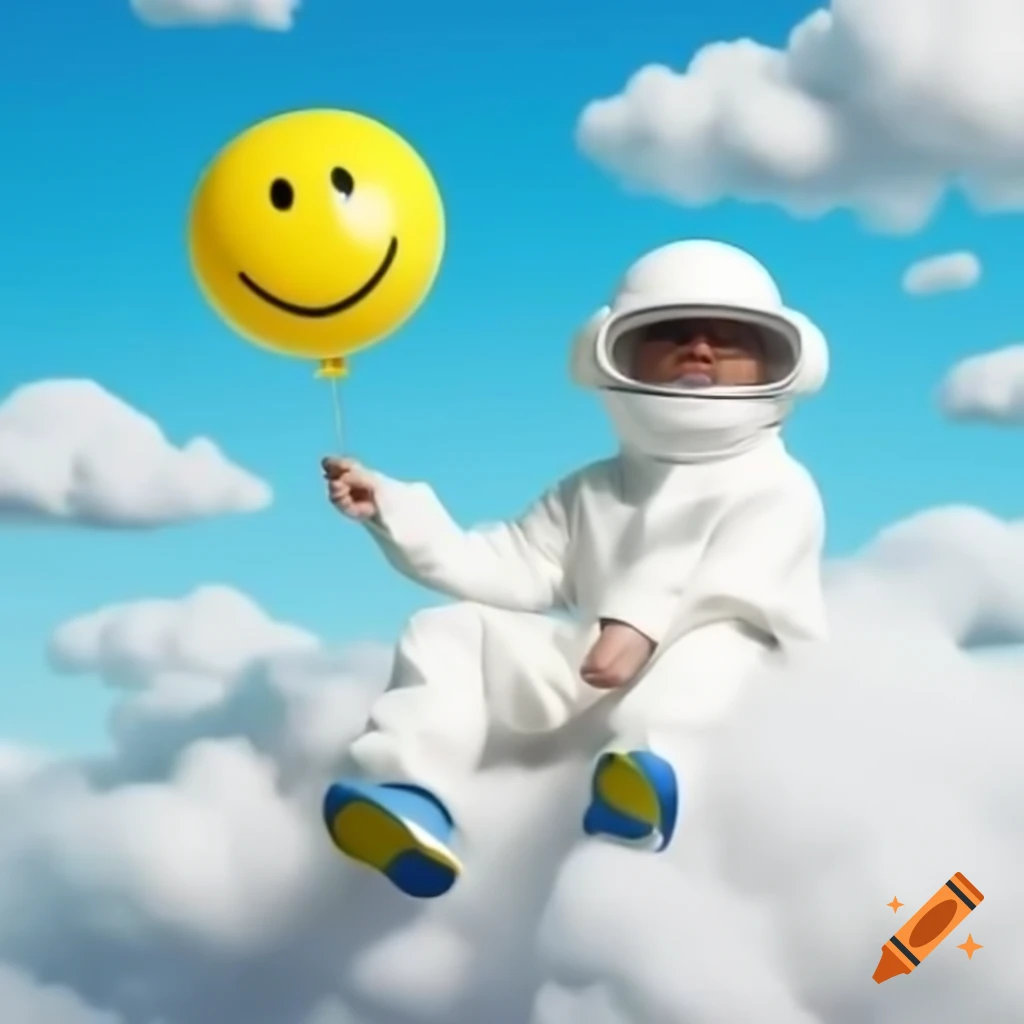 White rapper in hazmat suit sitting on clouds with yellow balloon and smile