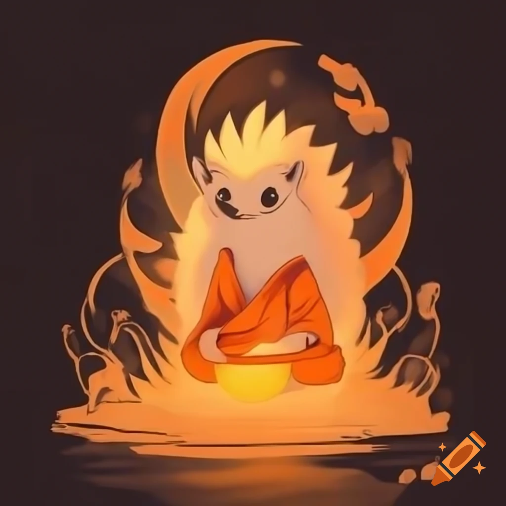 Anthropomorphic hedgehog in orange monk's robe floating in divine light