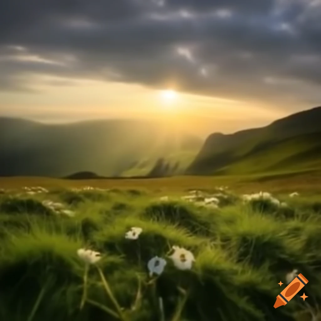 Sunset behind clouds over grassy valley with flowers