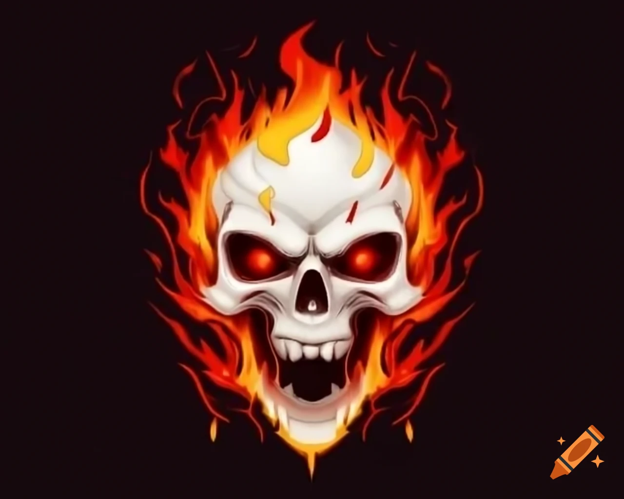 Flaming white skull with bloodshot eyes in video game style