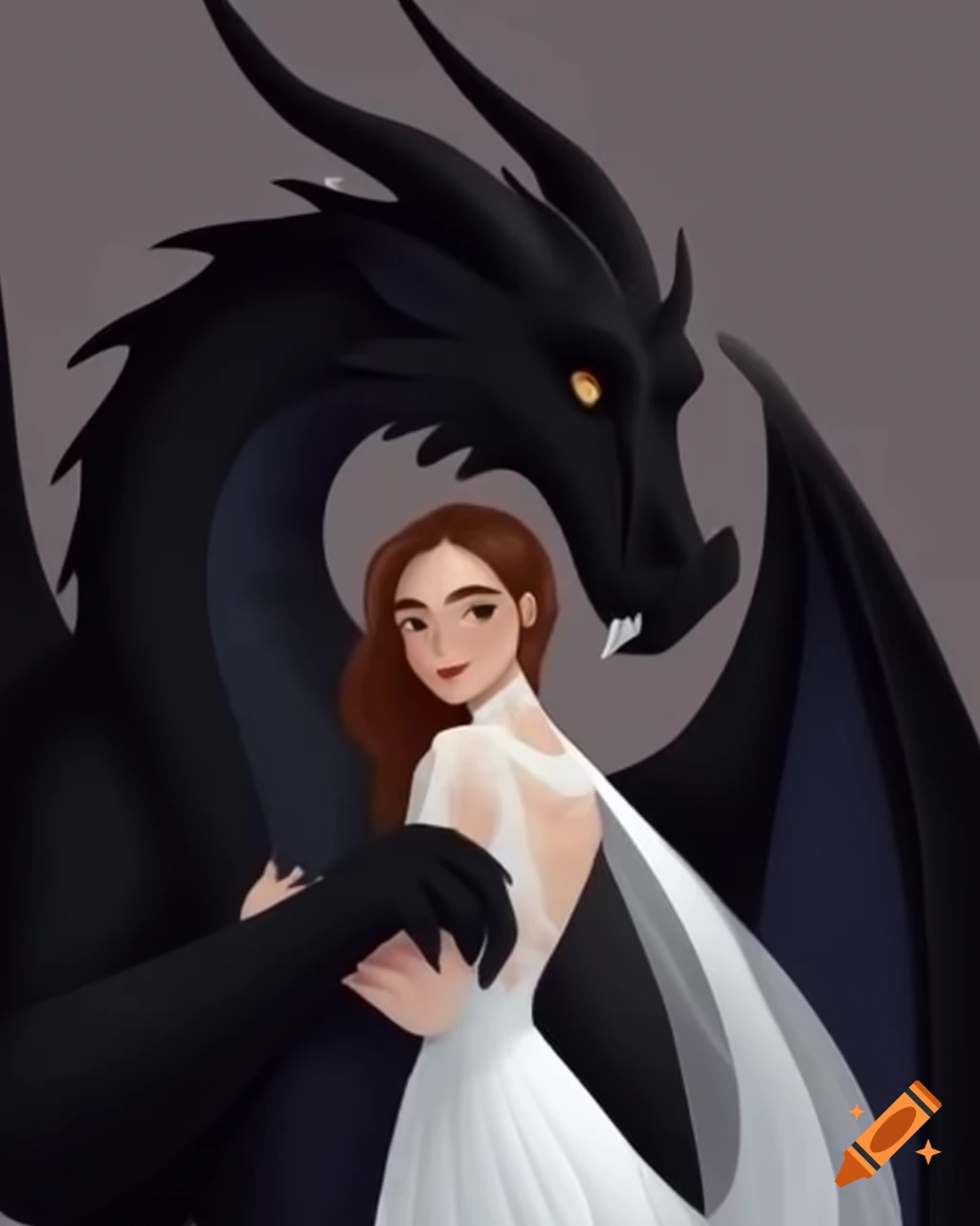 Woman in bridal gown hugging a great black dragon