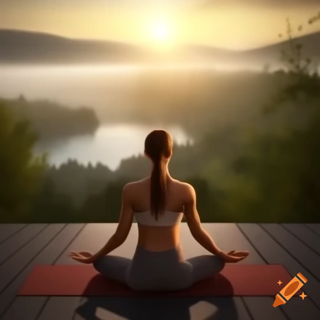 Woman practicing Warrior II yoga pose on mat in serene outdoor setting at sunrise
