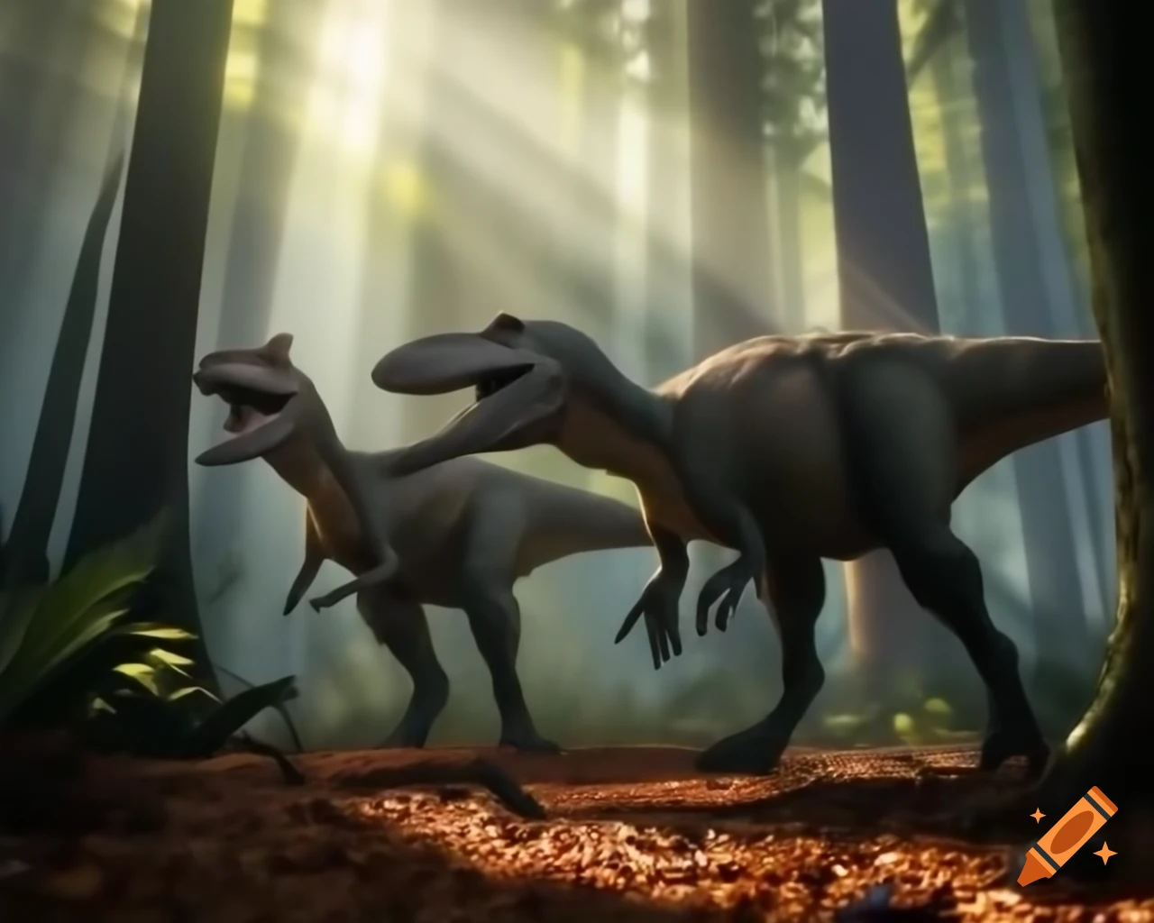 Hypsilophodon dinosaurs walking in sunny forest clearing with ferns and fallen trees