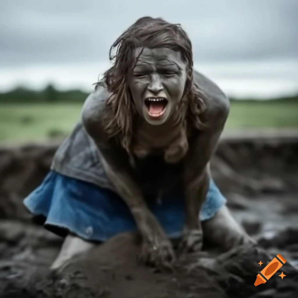Woman in denim skirt playfully covered in mud in mud pit on craiyon